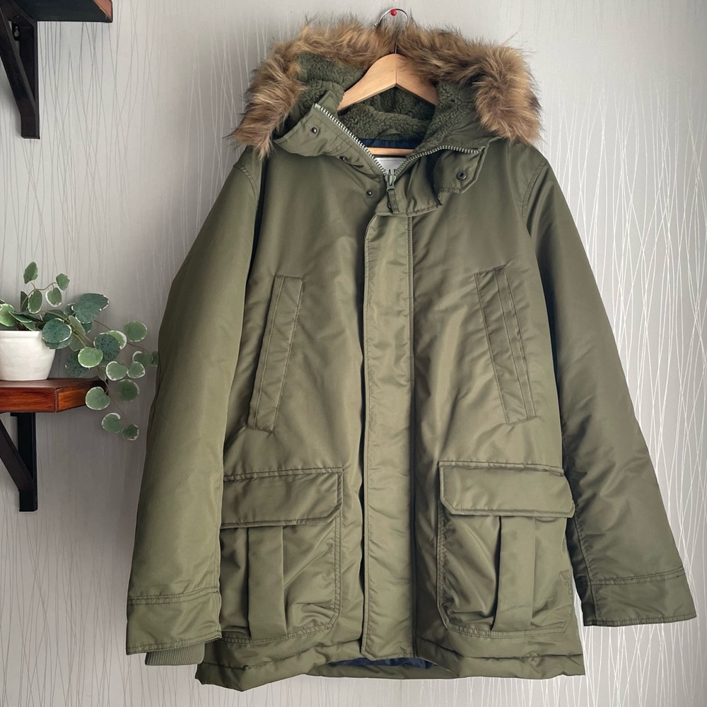 Gap Men’s Olive Green Winter Parka Cold Control Max Snorkel Coat Size Large - Picture 3 of 16